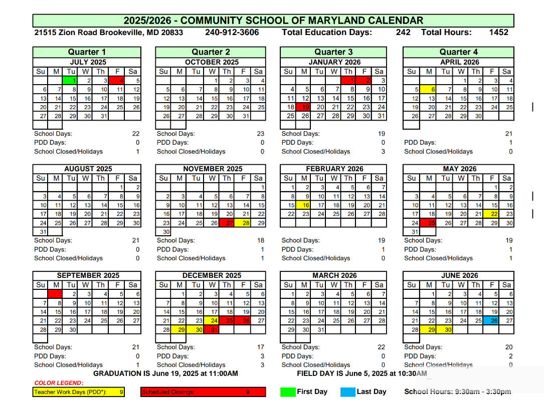 Community School of Maryland Calendar 2025-2026