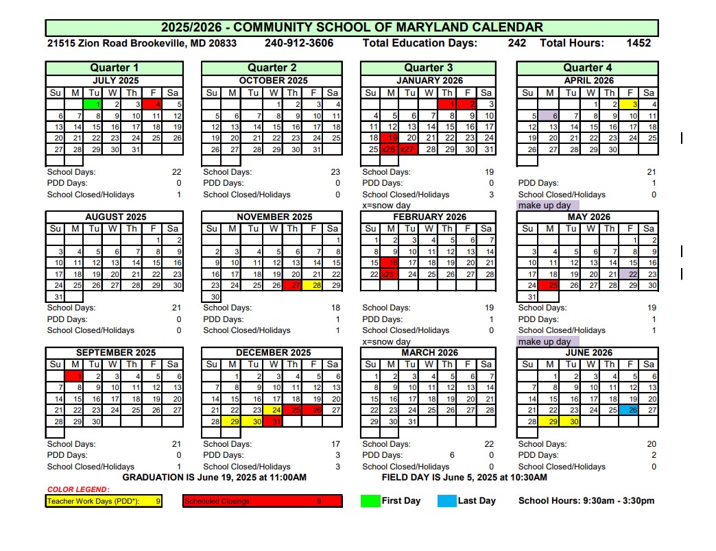Community School of Maryland Calendar 2025-2026